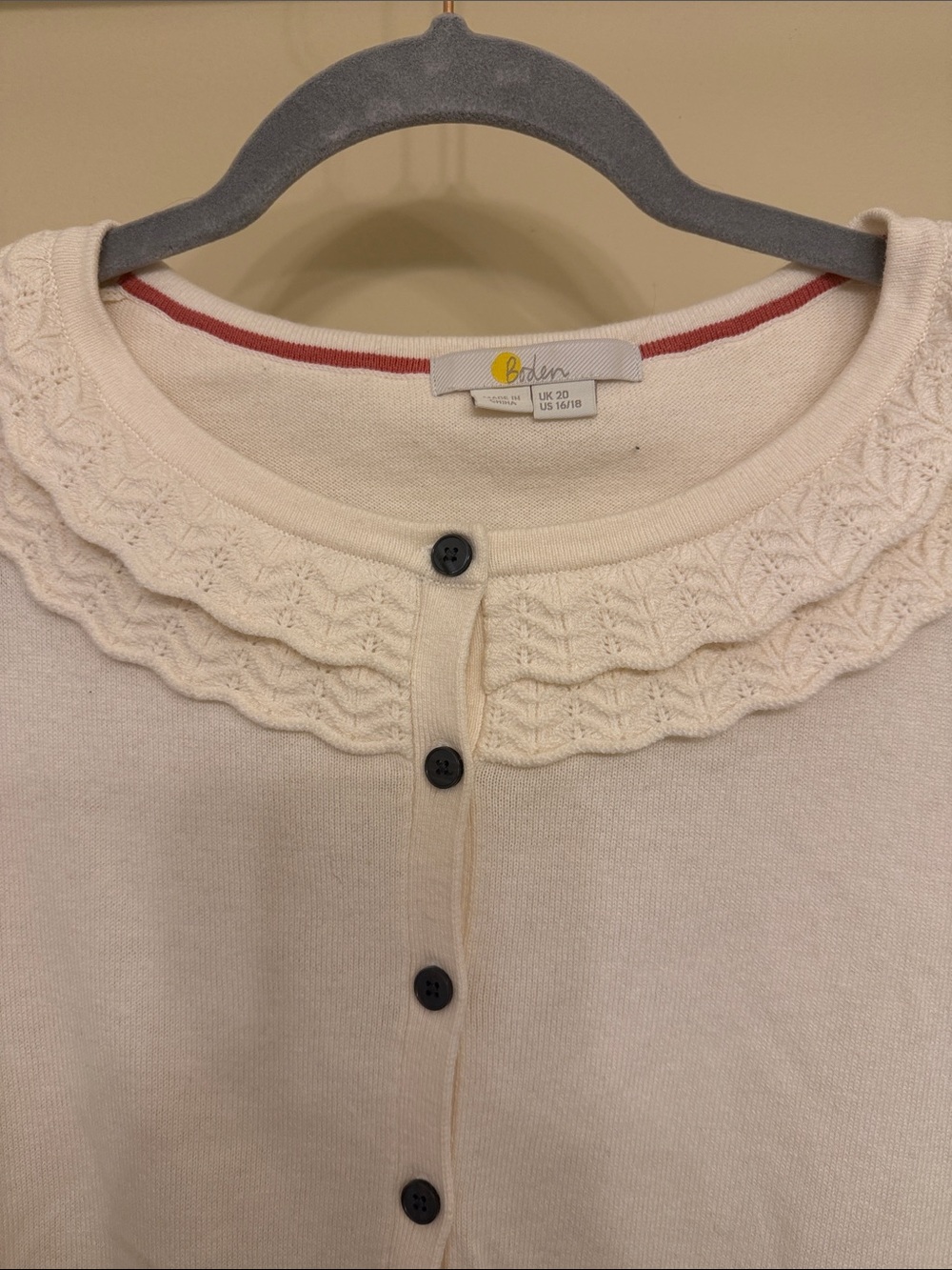 Boden Cream Cardigan with Navy Buttons and Ruffle Collar Trim - Picture 2 of 4